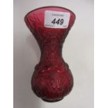 Modern Lalique red tinted and relief decorated frosted glass baluster form vase decorated with