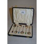 Cased set of six Art Deco Birmingham silver enamel decorated teaspoons