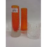 Pair of Whitefriars orange bark form vases together with a set of four Whitefriars clear drinking