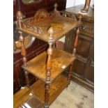 Victorian walnut marquetry inlaid three tier whatnot