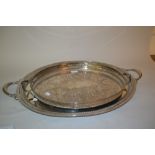 Large oval two handled silver plated tray with presentation engraving,