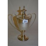 Silver two handled pedestal trophy cup and cover,