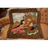 Good quality Indo Persian pictorial rug depicting lovers in a landscape,