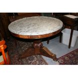 19th Century French mahogany circular centre table having grey flecked marble top on a shaped