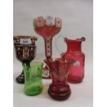 Bohemian red overlay and floral enamel painted goblet,