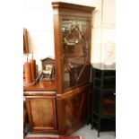Good quality reproduction mahogany standing corner cabinet together with a Victorian oak footstool