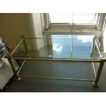 Modern rectangular gilt brass occasional table with glass top and a square wrought iron occasional