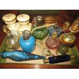 Box containing a quantity of various perfume bottles and two porcelain teapoys (a/f) including a