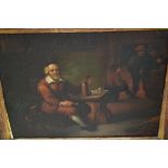 19th Century continental oil on metal panel, figures seated in a tavern, gilt framed, 6ins x 7.