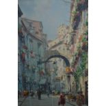 Oil on canvas, Italian street scene with figures,