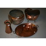 Indian embossed copper and brass jardinière, copper coal scuttle,