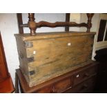 19th Century pine brass studded trunk with hinged cover and iron mounts with end carrying handles
