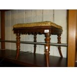 Victorian rosewood and upholstered square footstool on splay supports