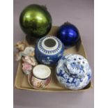 Small Chinese blue and white prunus blossom ginger jar and cover, two bisque porcelain figures,