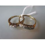 Two 18ct gold rings set three and five diamonds