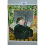 Oil on board, seated figure wearing a laurel wreath and sipping wine,