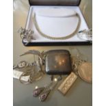 Silver vesta case, two silver ingot pendants, a U.S.