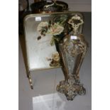 Art Nouveau brass mirrored firescreen with floral painted decoration,