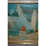 20th Century French oil on canvas, entitled ' Maison à Autrans ', a female figure before buildings,