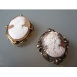 Two 19th Century gilt metal mounted oval carved shell cameo portrait brooches