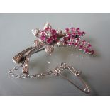 Mid 20th Century white metal pink ruby and diamond set floral spray brooch