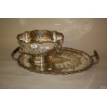 Victorian oval silver plated two handled tray with grapevine border together with a large plate on