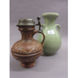 Chinese Celadon two handled baluster form floral decorated vase (drilled hole to base) and a late