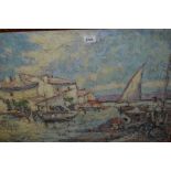 20th Century Impressionist school, oil on canvas, harbour scene with various fishermen and boats,