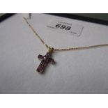 9ct Gold amethyst and diamond set pendant cross on a 9ct gold chain