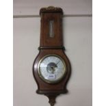 French figured walnut gilt metal mounted aneroid barometer / thermometer together with a small oak