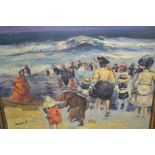 20th Century oil on canvas applied to board, beach scene with figures and rough seas,