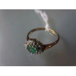 9ct Gold oval emerald and diamond cluster ring