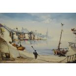 20th Century oil on canvas, Mediterranean fishing port, signed, Aguilar, 25ins x 35ins,