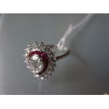 18ct White gold pear shaped diamond and ruby cluster ring
