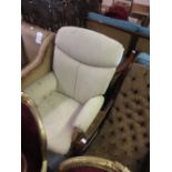 Modern Dutailier beechwood rocking chair, a modern beechwood stool with chromium legs,