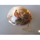 Victorian oval rose gold brooch enamel painted with pheasants