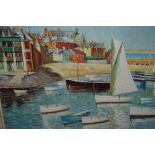 20th Century oil on canvas board, harbour scene with moored boats and distant buildings,