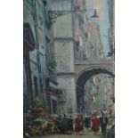 20th Century oil on canvas, busy Italian street scene with figures and archway, signed Ferdelba,