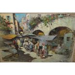 Eva Giamacini, oil on canvas, figures at an Italian street market, gilt framed,