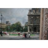 Jules Rene Herve, oil on canvas, figures before flower beds outside The Louvre,