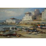 Sarguella, 20th Century oil on canvas, Mediterranean coastal scene with fishing boats and buildings,