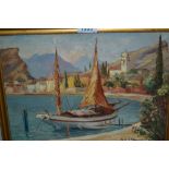 Oil on board, Continental study of moored boats in a harbour, signed Evangelista,