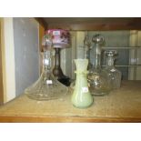 Victorian brass and glass oil lamp together with four various glass decanters and an onyx vase