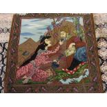 Good quality Indo Persian pictorial rug depicting lovers in a landscape,