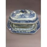 18th Century Chinese blue and white tureen and cover of irregular octagonal form decorated with