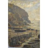 19th Century oil on canvas, rocky coastal slipway with moored boats and figures,