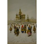 Modern unframed watercolour, figures in a Moscow square, signed with initials A.B., 7.