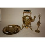 19th Century brass spirit kettle on stand together with a quantity of other brass ware