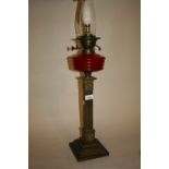 Late 19th / early 20th Century brass column oil lamp adapted for use with electricity (lacking