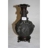 Japanese brown patinated bronze baluster form vase with applied bird and floral decoration